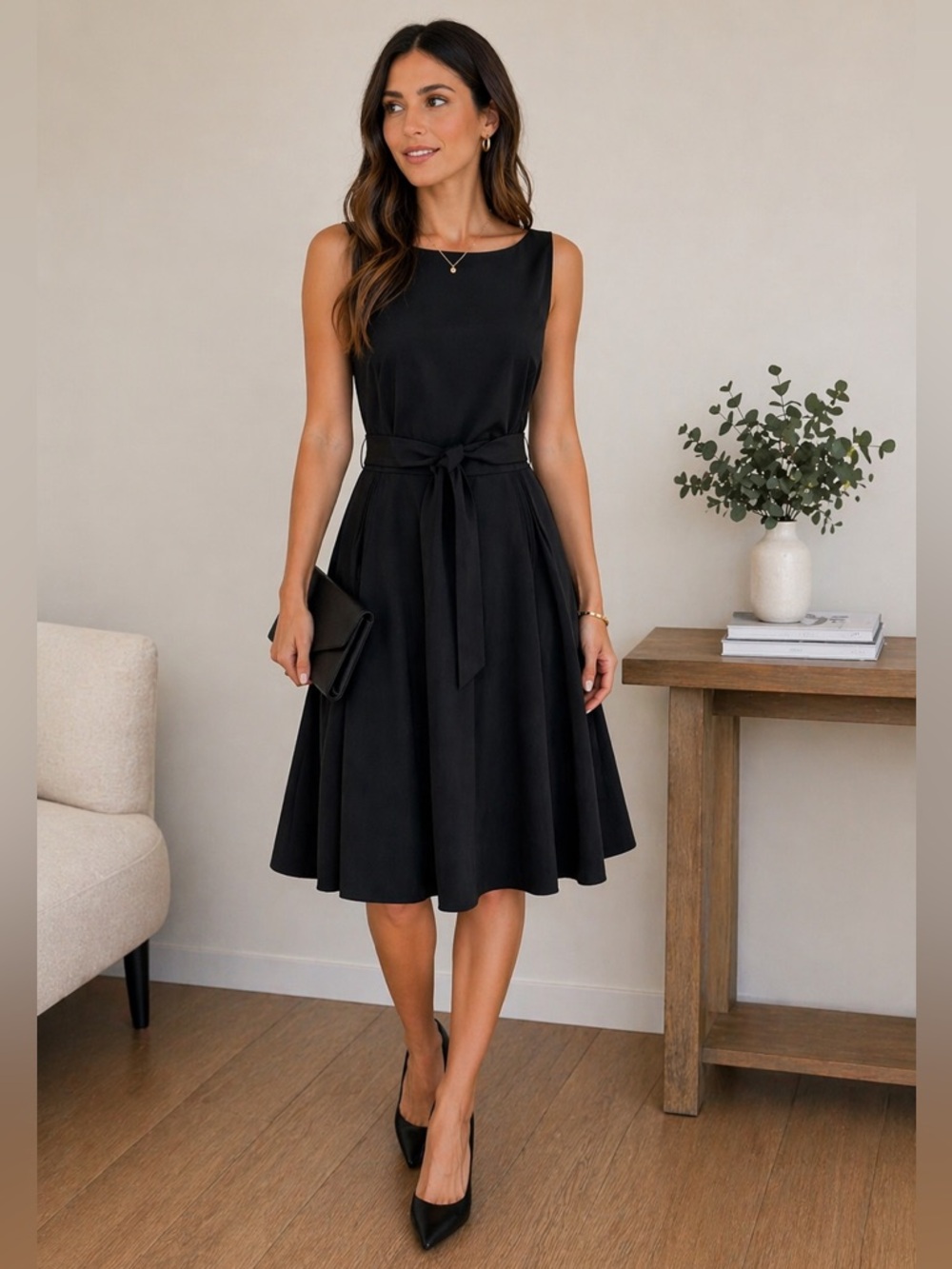 Calvin Klein Black Sleeveless Fit & Flare Dress Belted Knee-Length Classic Chic